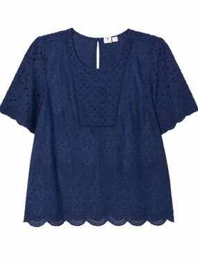 GAP Women's Size 8 Navy Eyelet Embroidered Cotton Blouse Bell Sleeve India